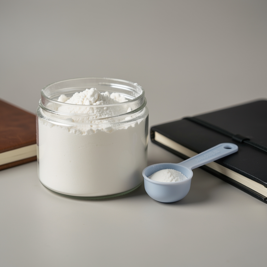 Creatine powder and measuring scoop on a neutral background with a workout journal beside them