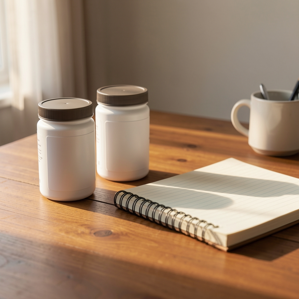 Supplement containers and a notebook arranged on a warm wooden desk in soft morning light